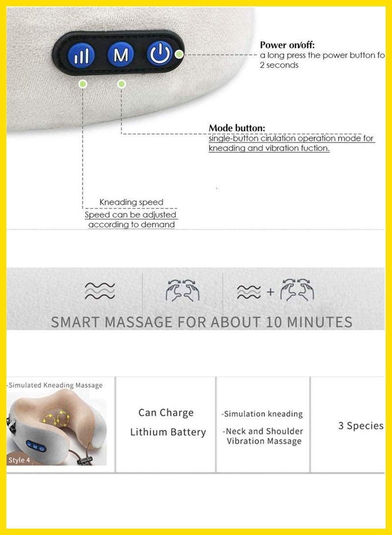 Rechargeable Electric U Shaped Memory Foam Kneading Vibration Neck Head Support Pillow Travel Massager Relief Cervical Pain for Muscles Fatigue And Muscle Soreness Suitable for Travelling