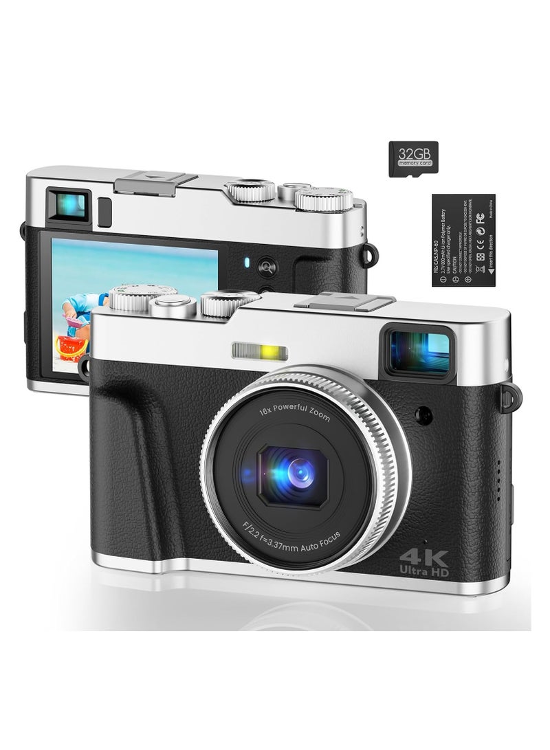 4K Digital Camera, Photography Auto Focus 48MP YouTube Vlog Camera, 16x Digital Zoom Camcorder Anti-Shake with 32GB Micro Card, Compact Point-and-Shoot Travel Camera