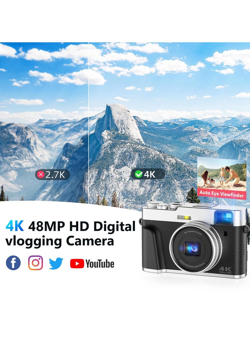 4K Digital Camera, Photography Auto Focus 48MP YouTube Vlog Camera, 16x Digital Zoom Camcorder Anti-Shake with 32GB Micro Card, Compact Point-and-Shoot Travel Camera