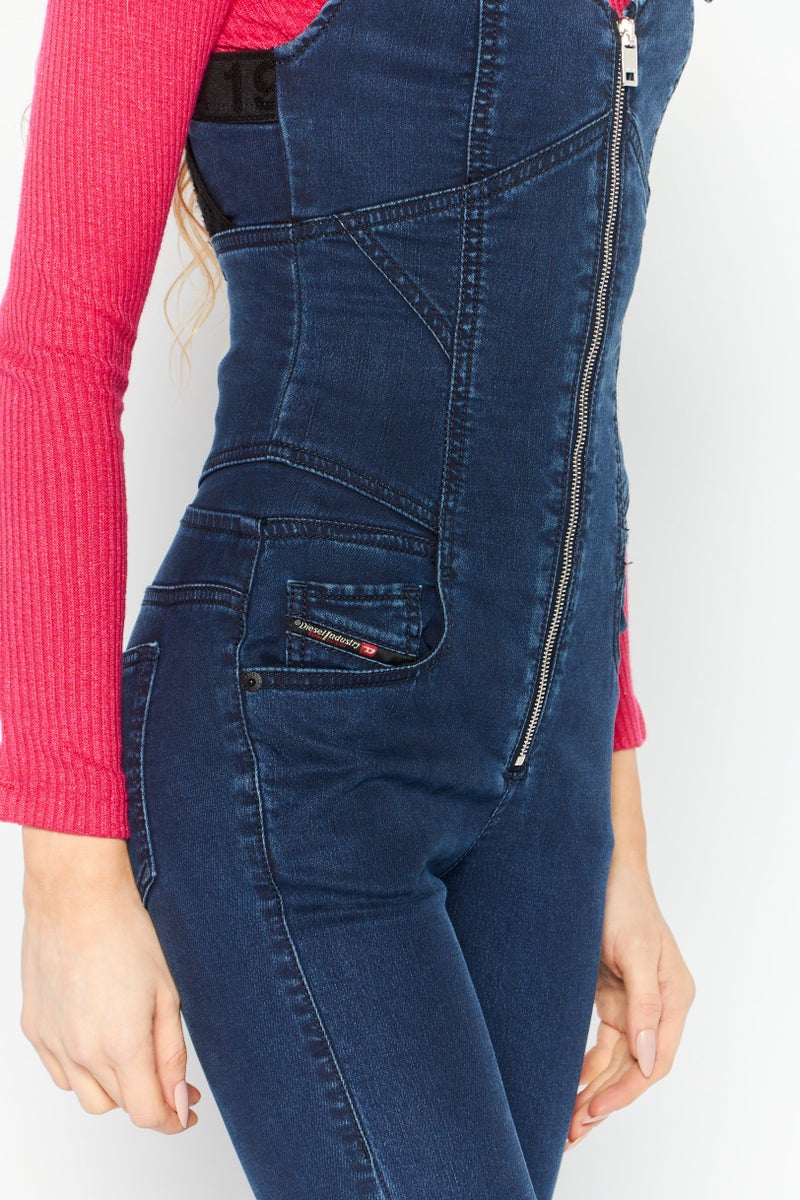 Women Dark Wash Sleeveless Jumpsuit, Navy