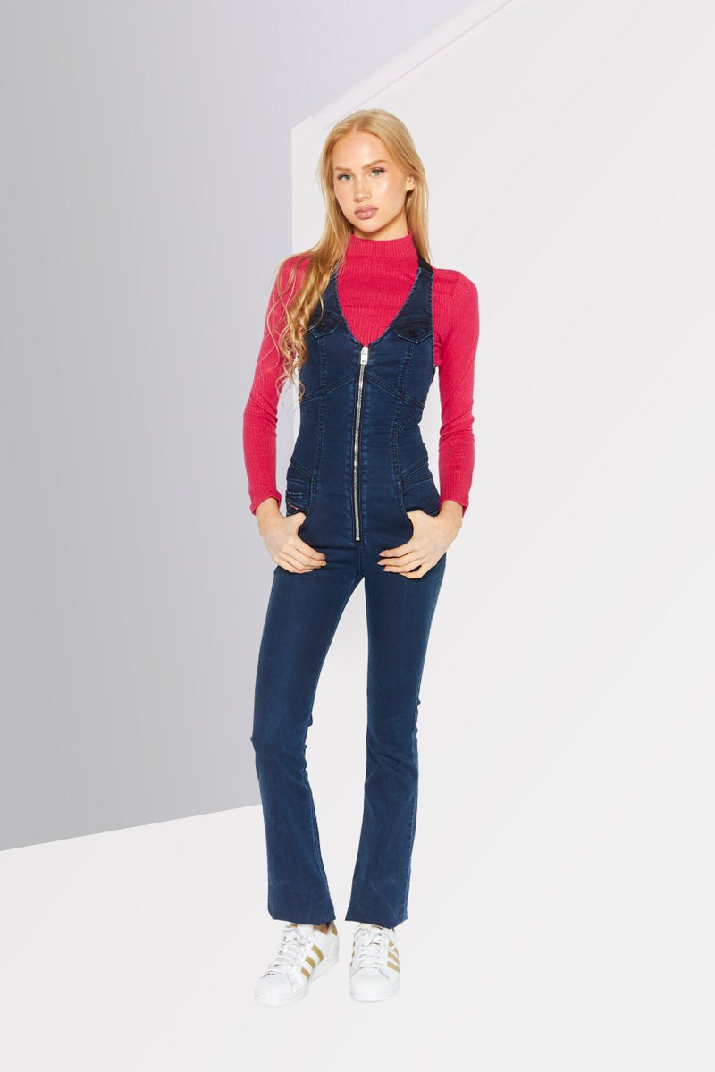 Women Dark Wash Sleeveless Jumpsuit, Navy