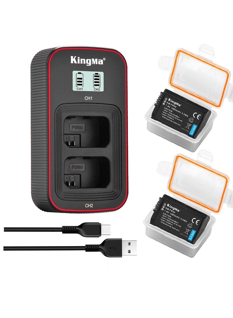 KingMa BM058FW50-2BM 2pcs NP-FW50 Battery 1080mAh and LCD Dual Charger Kit For Sony ZV-E10 A6000 A6100 A6300 A6400 A6500 A7m2 A7r2 A7S A7S2 7Rm2