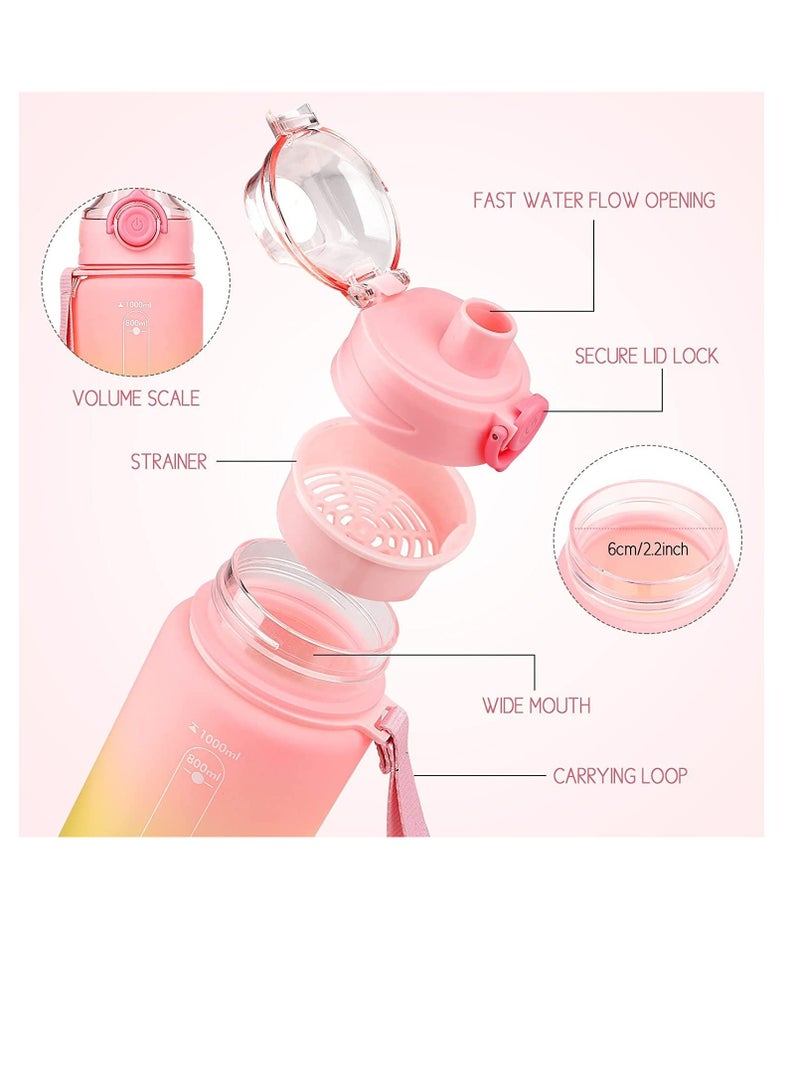 1Litre Sports Water Bottle, 1L Water Bottle with Lock Cover & Leak Proof Reusable Sports Drinking Bottle for Gym School Office Cycling Outdoor Sports (Pink)