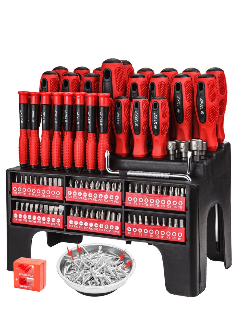 100-Piece Magnetic Screwdriver Set with Plastic Racking, Precision Screwdriver, Bonus Magnetizer Demagnetizer and Magnetic Bowl, Common Repair Tools, Home Improvement Tools Gift