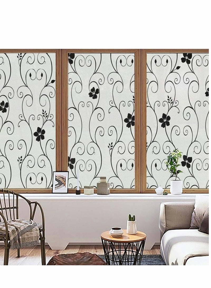 Window Privacy Film Frosted Glass Sun Blocking No Glue Heat Blocker Tinting Static Clings Decorative Stickers Home Bathroom Bedroom Door Coverings, Black Flower(45x 200cm)