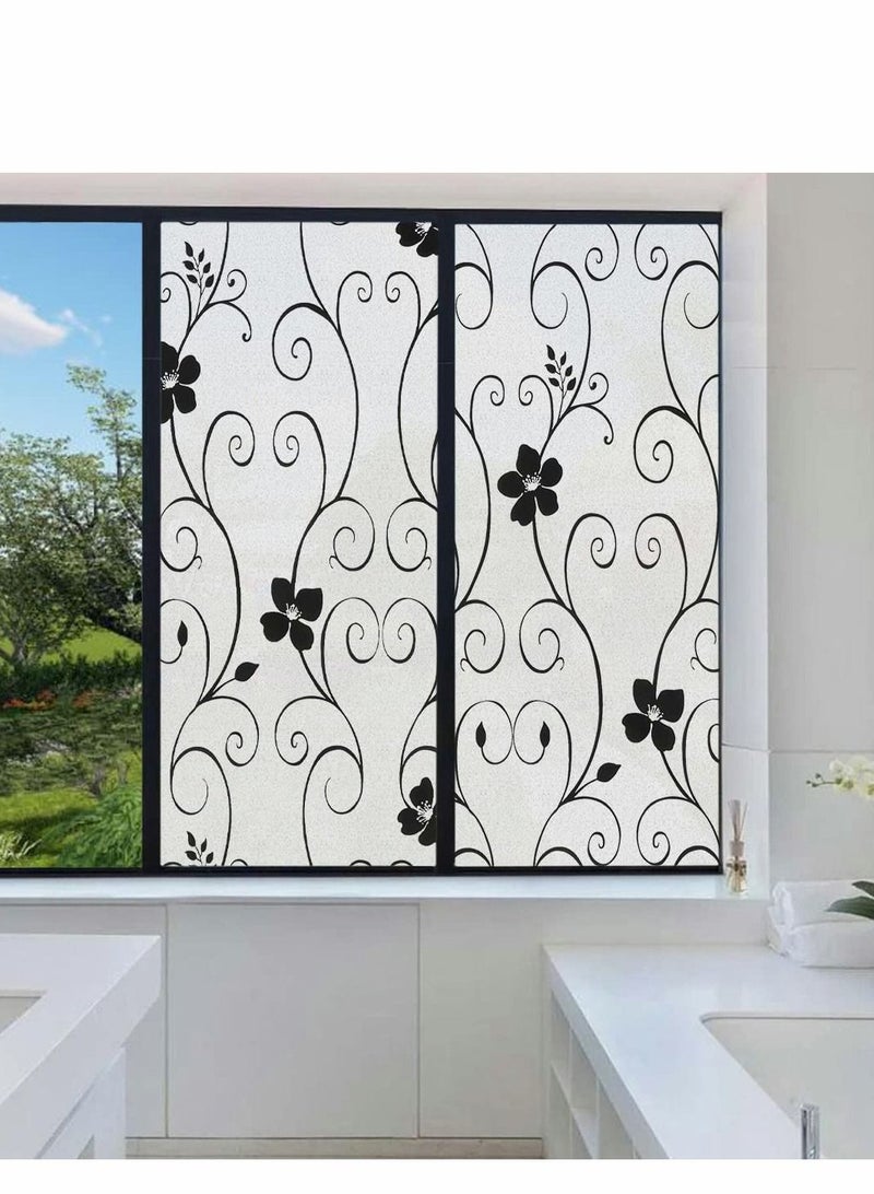 Window Privacy Film Frosted Glass Sun Blocking No Glue Heat Blocker Tinting Static Clings Decorative Stickers Home Bathroom Bedroom Door Coverings, Black Flower(45x 200cm)