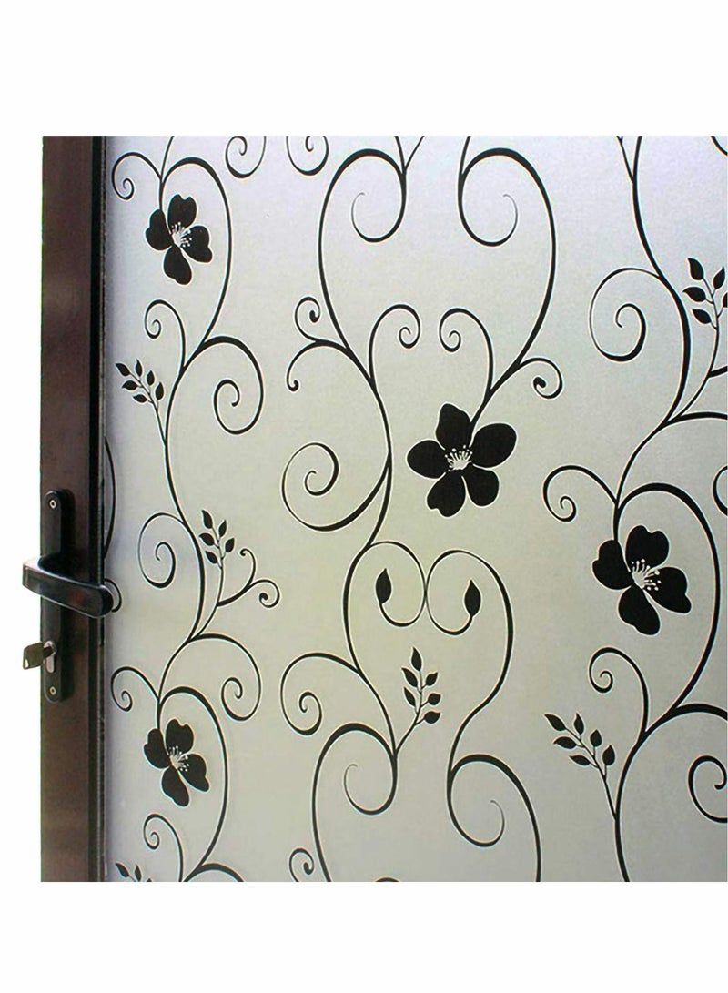 Window Privacy Film Frosted Glass Sun Blocking No Glue Heat Blocker Tinting Static Clings Decorative Stickers Home Bathroom Bedroom Door Coverings, Black Flower(45x 200cm)