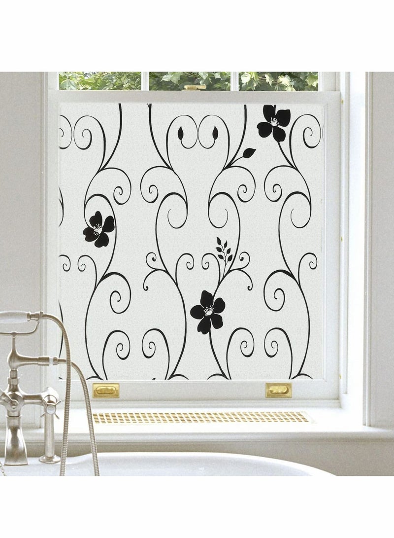 Window Privacy Film Frosted Glass Sun Blocking No Glue Heat Blocker Tinting Static Clings Decorative Stickers Home Bathroom Bedroom Door Coverings, Black Flower(45x 200cm)