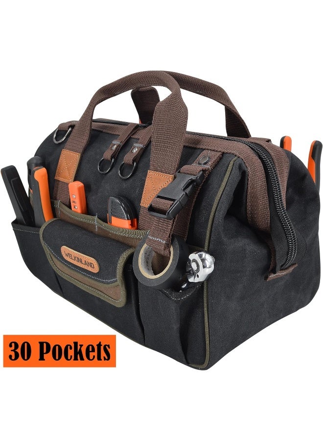 30-Pockets Canvas Tool Bag, 14-Inch Heavy Duty Tool Bag, Waxed Canvas Tool Bags Heavy Duty, Tool Duffel, Lineman Tool Bag, Electrician Tool Bag, Tool Bags for Electricians