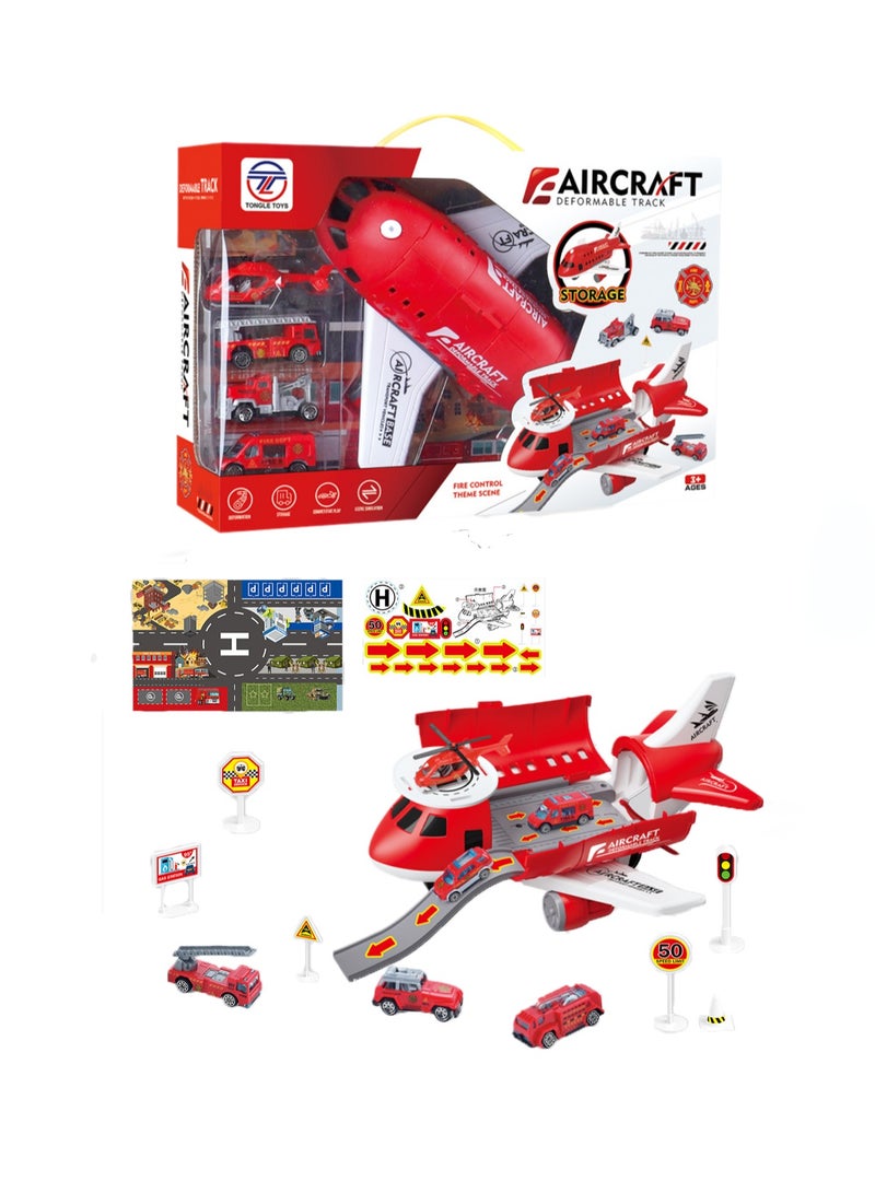 Children's Toy Airplane Can Be Stored In The Passenger Plane Set Mode(Red Transport Plane Storage Aircraft + Map + Road Sign Window Color Box)