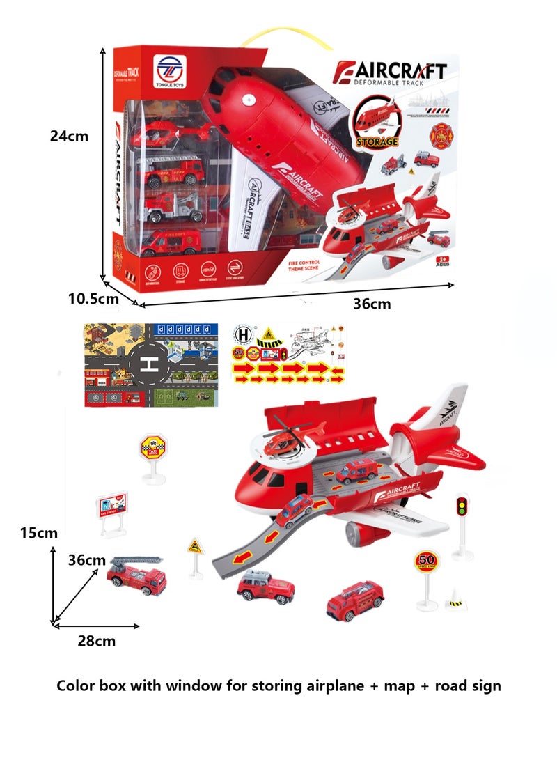 Children's Toy Airplane Can Be Stored In The Passenger Plane Set Mode(Red Transport Plane Storage Aircraft + Map + Road Sign Window Color Box)