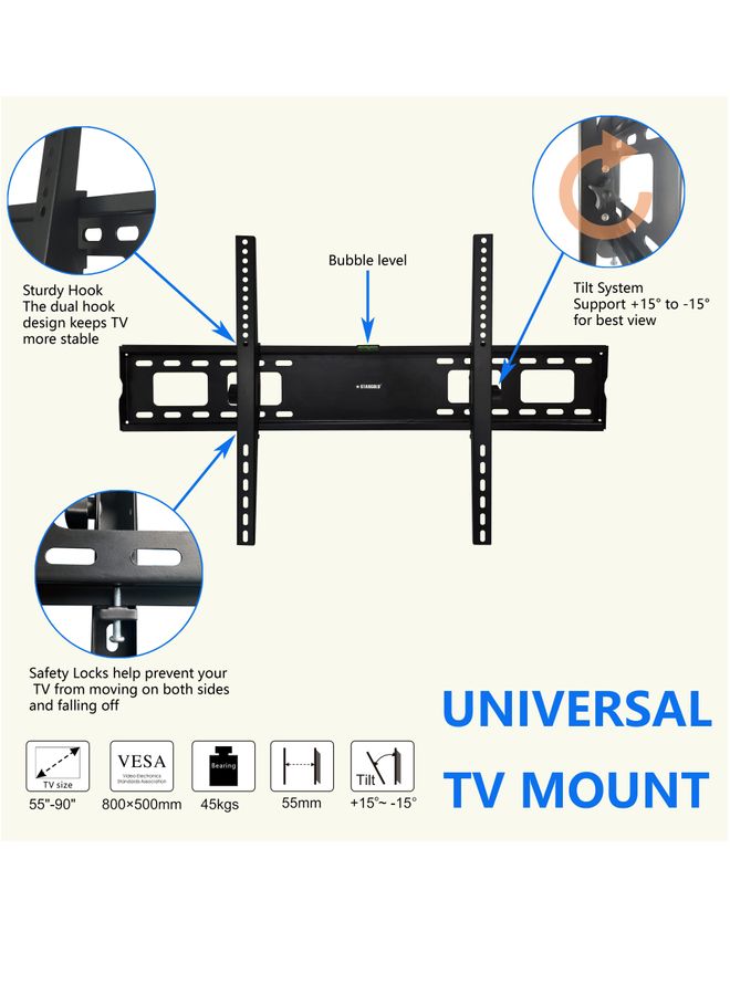 TV Wall Mount Bracket For Most 55-90 Inch Flat Screen TV With Tilting LED LCD OLED And Flat Panels Black