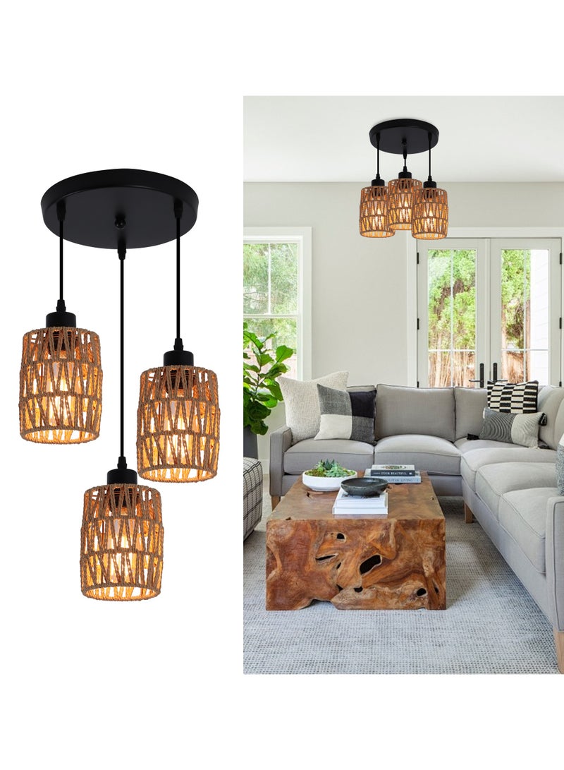 3-Light Rattan Pendant Light Fixtures, Industrial brown Hanging Lighting, Adjustable Woven Wicker Chandelier, Farmhouse Basket Ceiling Lamp for Kitchen Island Dining Room Bedroom Foyer Hallway