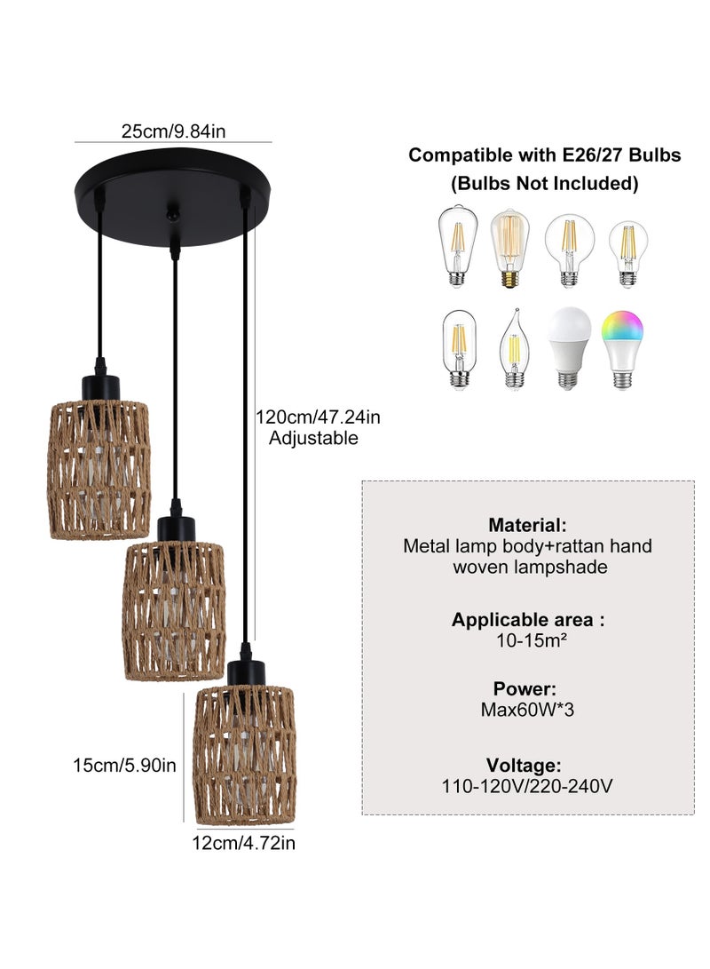 3-Light Rattan Pendant Light Fixtures, Industrial brown Hanging Lighting, Adjustable Woven Wicker Chandelier, Farmhouse Basket Ceiling Lamp for Kitchen Island Dining Room Bedroom Foyer Hallway