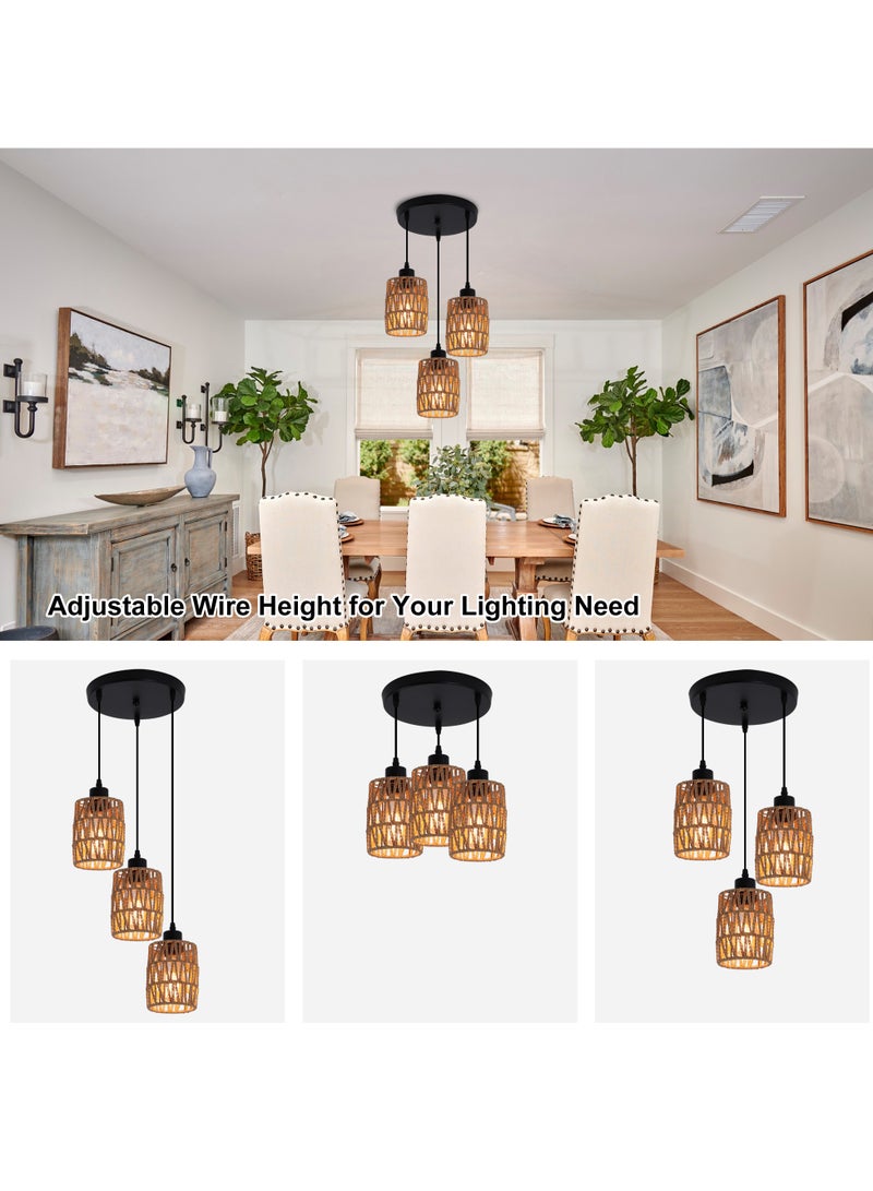 3-Light Rattan Pendant Light Fixtures, Industrial brown Hanging Lighting, Adjustable Woven Wicker Chandelier, Farmhouse Basket Ceiling Lamp for Kitchen Island Dining Room Bedroom Foyer Hallway