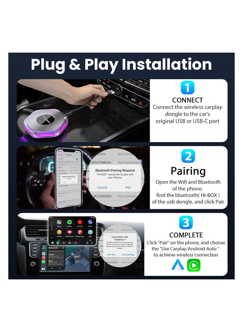 Wireless CarPlay and Android Auto Adapter, 2024 Plug & Play Magic Box for iOS 10+ and Android 11+, Includes USB-C and USB-A Cables, Easy Connection for Your Phone.