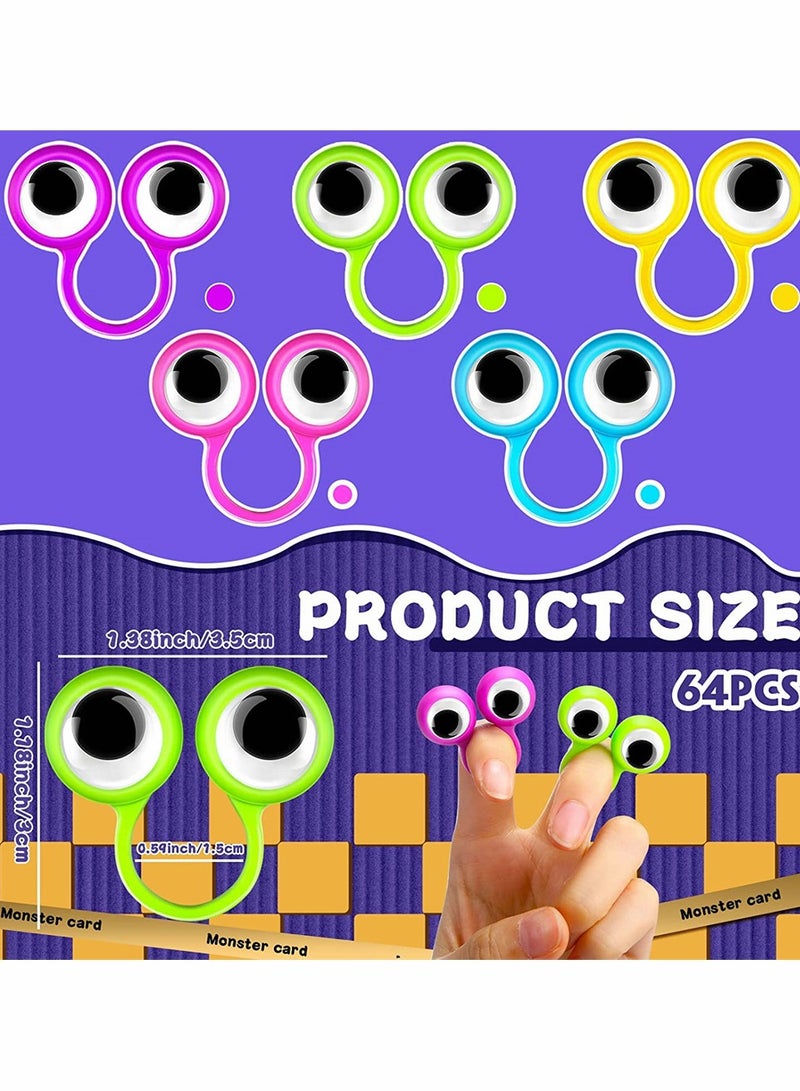 64 Pieces Wiggly Eyeball Finger Puppets with Googly Eyes, Fun Classroom Exchange & Party Favor Toys for Kids, Colorful Eyeball Rings (6 Colors)