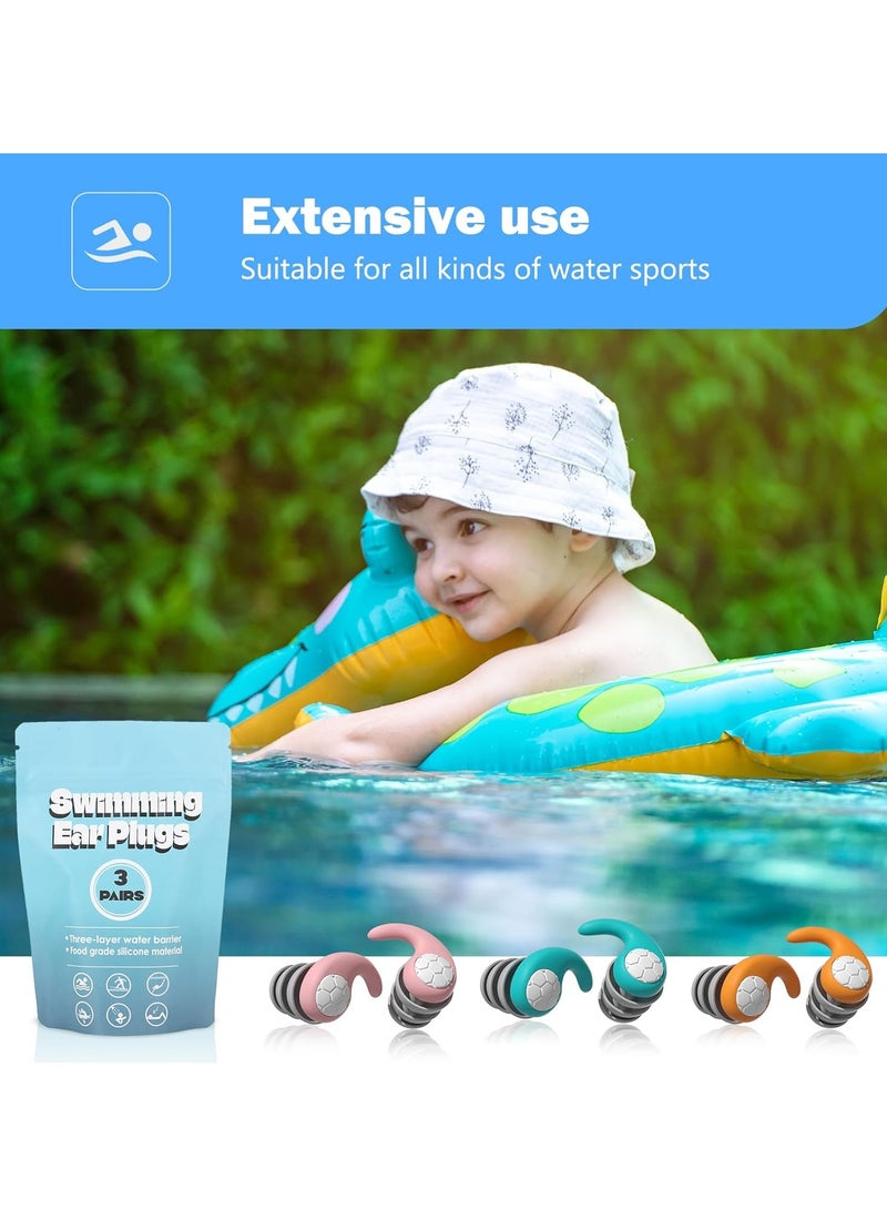 Kids Swimming EarPlugs, 3 Pairs Silicone Children's Swimming Earplugs, Reusable Children's Swimming Earplugs for Swimming/Surfing/Diving, Recommended for 4-12 Years Olds and Small Ear Teen
