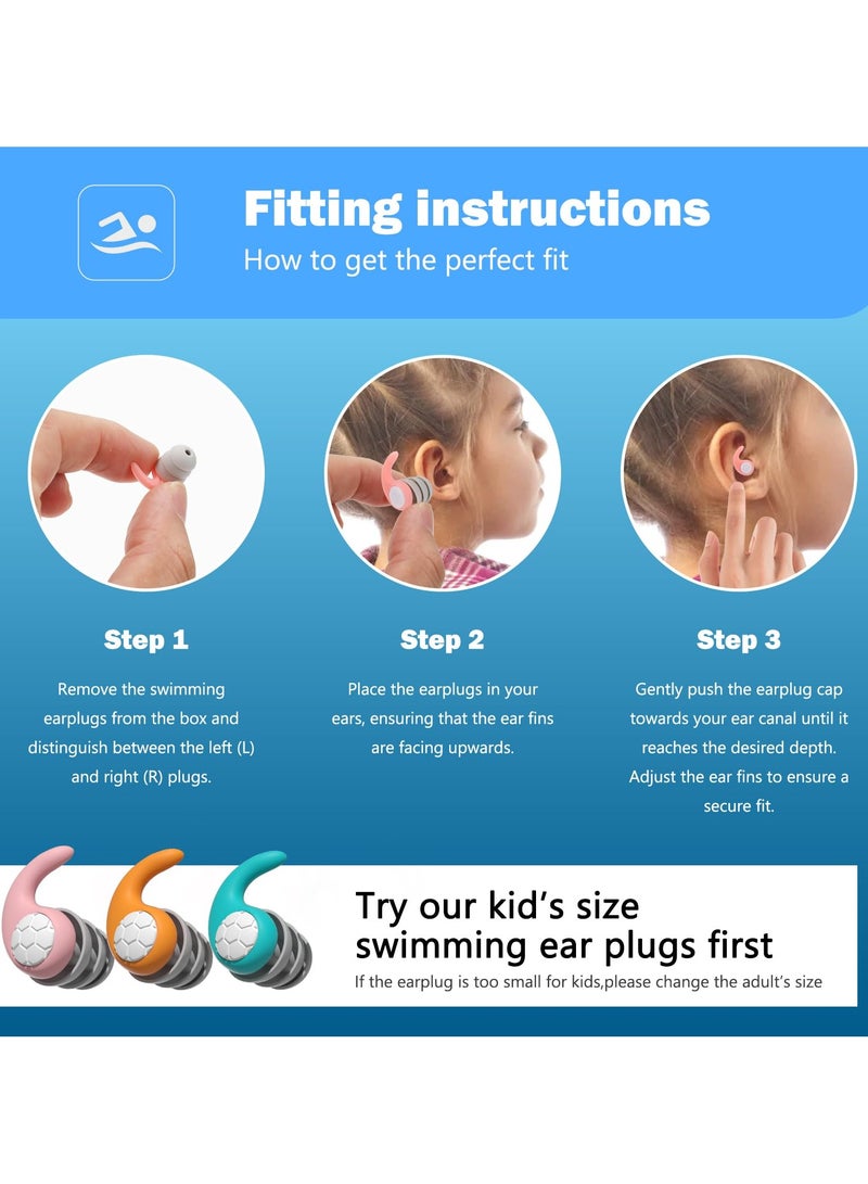 Kids Swimming EarPlugs, 3 Pairs Silicone Children's Swimming Earplugs, Reusable Children's Swimming Earplugs for Swimming/Surfing/Diving, Recommended for 4-12 Years Olds and Small Ear Teen