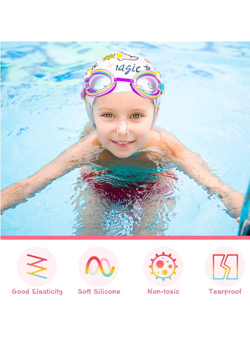 Children's Swimming Set - 5 Silicone Swim Caps, Goggles, Nose Clips, and Ear Plugs in Cute Cartoon Designs for Girls Aged 3-12 Years - Perfect Underwater Gear for Young Swimmers.