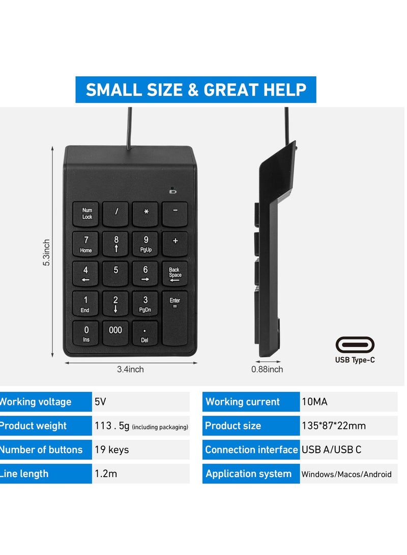 Type C Number Pad, USB 19 Keys Mini Number Keyboard Plug & Play Financial Accounting Numpad Office Home Portable Slim Numeric Keypad for Laptop Phone PC Tablet Notebook (Black)