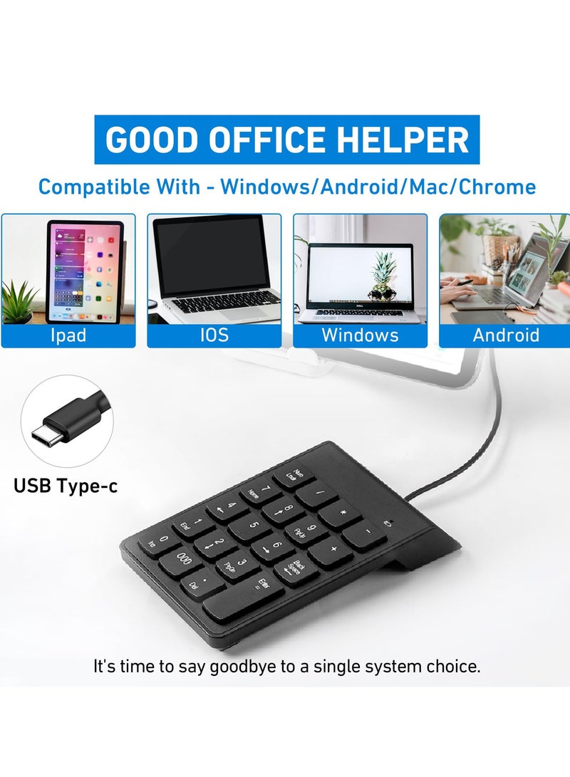 Type C Number Pad, USB 19 Keys Mini Number Keyboard Plug & Play Financial Accounting Numpad Office Home Portable Slim Numeric Keypad for Laptop Phone PC Tablet Notebook (Black)