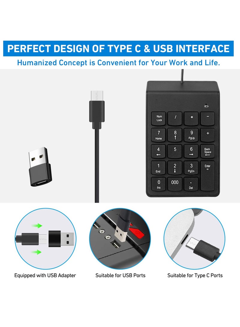 Type C Number Pad, USB 19 Keys Mini Number Keyboard Plug & Play Financial Accounting Numpad Office Home Portable Slim Numeric Keypad for Laptop Phone PC Tablet Notebook (Black)