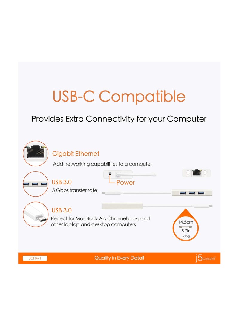 j5create JCH471 USB-C™ Gigabit Ethernet & Hub Multi Adapter, Metallic Champagne