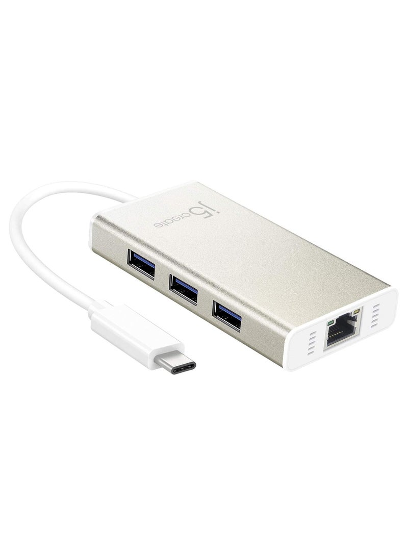 j5create JCH471 USB-C™ Gigabit Ethernet & Hub Multi Adapter, Metallic Champagne