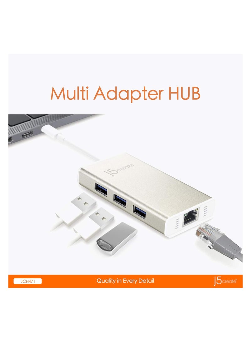 j5create JCH471 USB-C™ Gigabit Ethernet & Hub Multi Adapter, Metallic Champagne