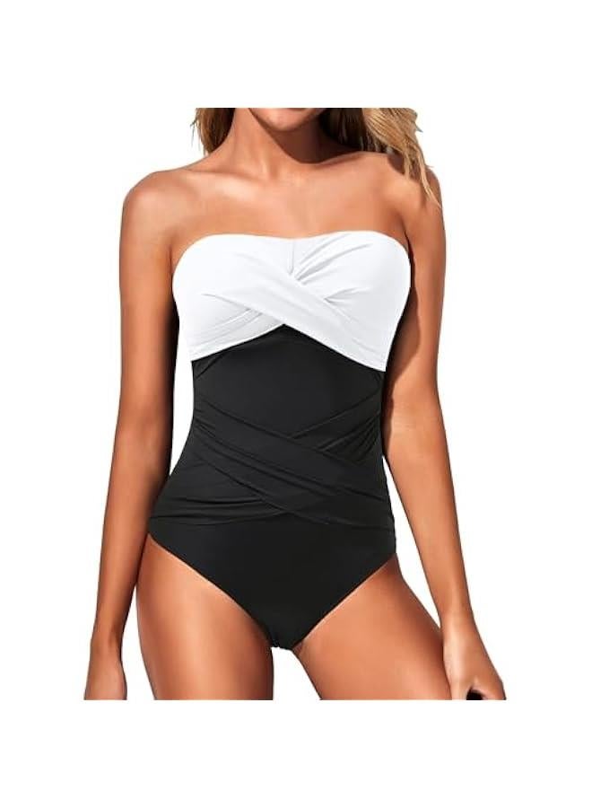 Women Strapless One Piece Swimsuits Tummy Control Bandeau Bathing Suits Retro Slimming Swimwear