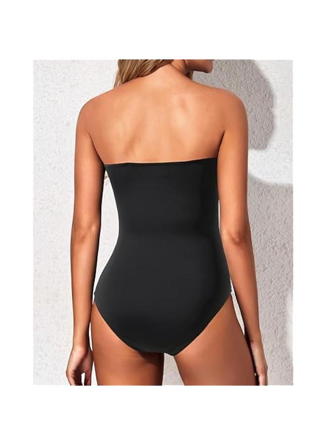 Women Strapless One Piece Swimsuits Tummy Control Bandeau Bathing Suits Retro Slimming Swimwear