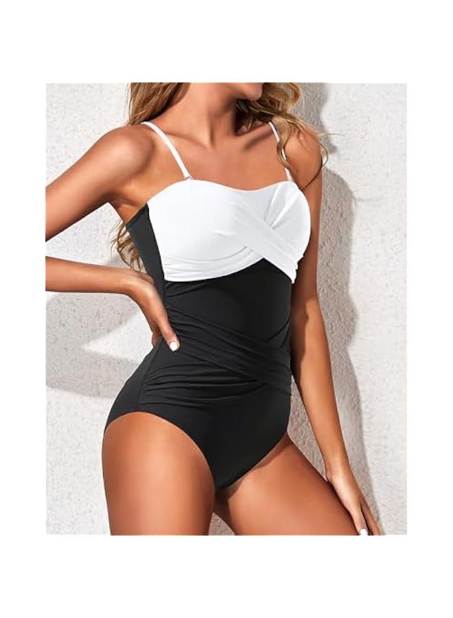 Women Strapless One Piece Swimsuits Tummy Control Bandeau Bathing Suits Retro Slimming Swimwear