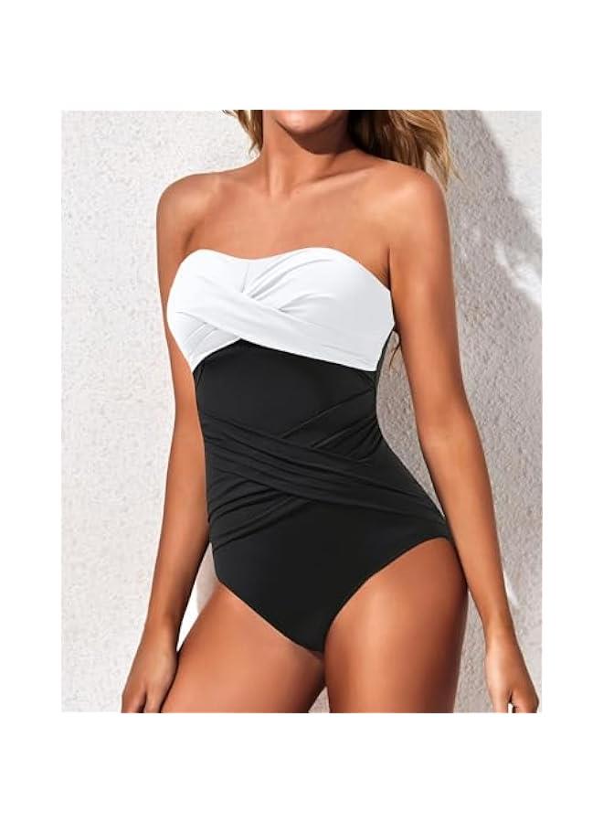 Women Strapless One Piece Swimsuits Tummy Control Bandeau Bathing Suits Retro Slimming Swimwear