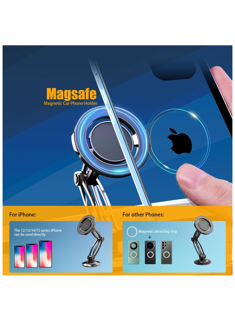 for Magnetic Phone Holder for Car with Metal Ring, Car Dashboard, 360° Rotation, Adjustable Double Folding Arms, Strong Magnet, Stable Car Mount for i.Phone 15 Pro Max 14 13 12 All Phones case