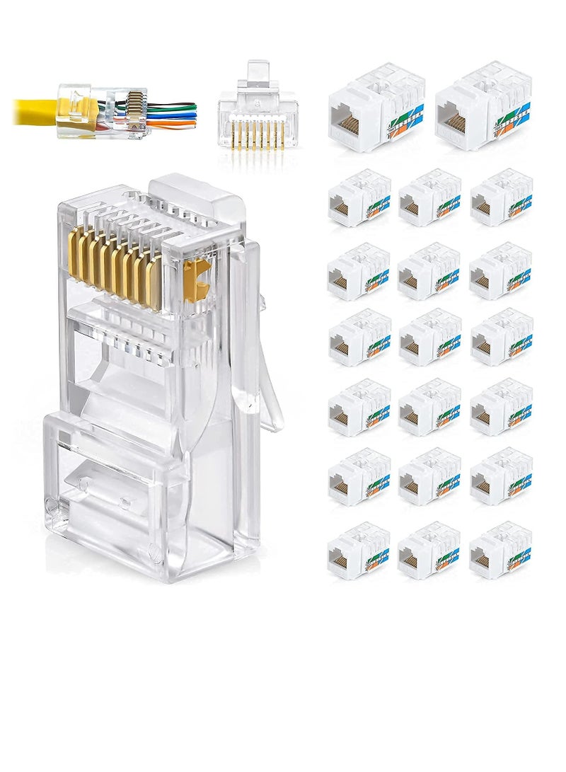 DKURVE  Pass Through Connectors, Pack of 100 With  Cat6 / 5e Keystone Jacks, 20 Pack - White