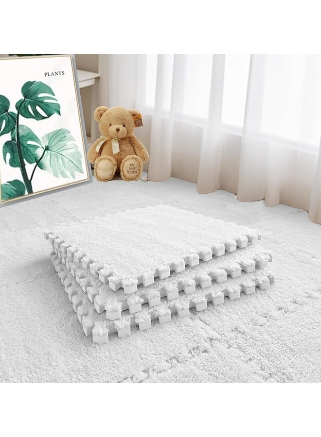 12Pcs Interlocking Foam Mats, Fluffy Carpet Tiles, Plush Area Rug, Square Splicing Floor Tiles, Soft Playmat Puzzle Floor Mat for Play Room, White 30*30*1cm