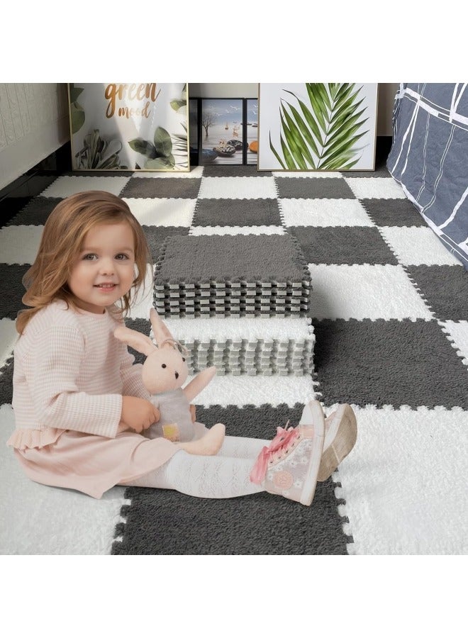 12Pcs Interlocking Foam Mats, Fluffy Carpet Tiles, Plush Area Rug, Square Splicing Floor Tiles, Soft Playmat Puzzle Floor Mat for Play Room, White 30*30*1cm