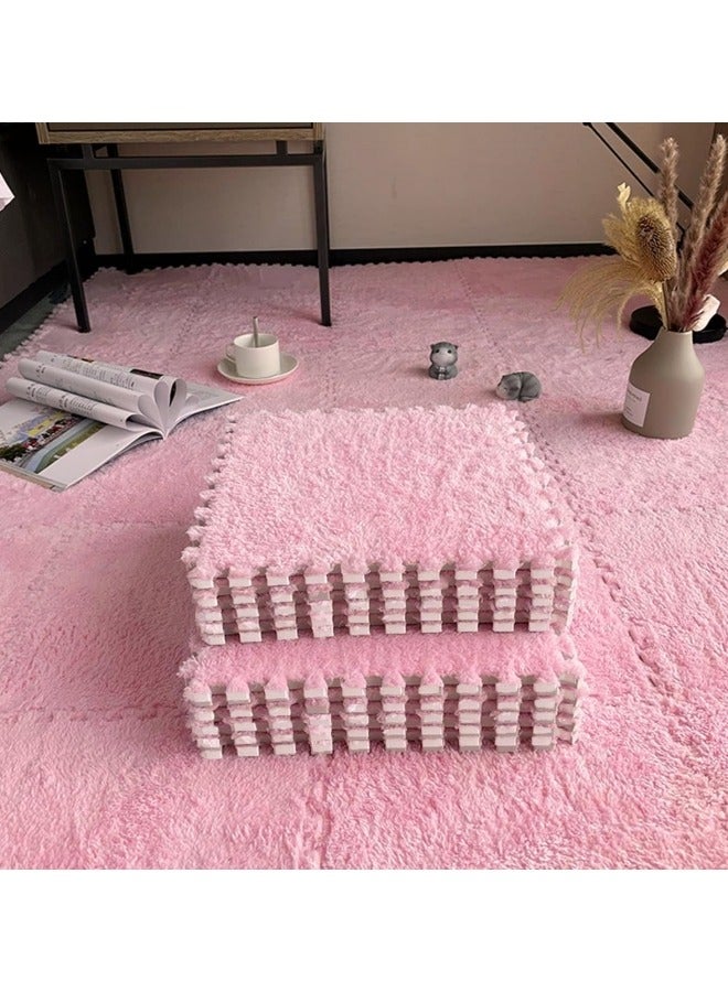 12Pcs Interlocking Foam Mats, Fluffy Carpet Tiles, Plush Area Rug, Square Splicing Floor Tiles, Soft Playmat Puzzle Floor Mat for Play Room, Pink 30*30*1cm