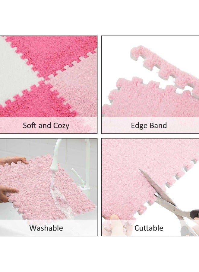 12Pcs Interlocking Foam Mats, Fluffy Carpet Tiles, Plush Area Rug, Square Splicing Floor Tiles, Soft Playmat Puzzle Floor Mat for Play Room, Pink 30*30*1cm