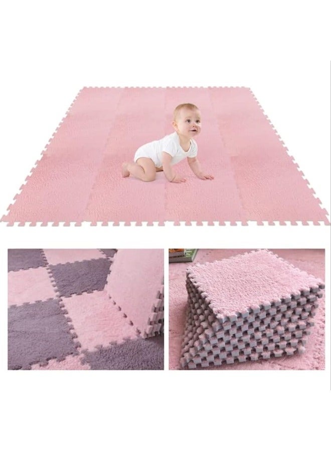 12Pcs Interlocking Foam Mats, Fluffy Carpet Tiles, Plush Area Rug, Square Splicing Floor Tiles, Soft Playmat Puzzle Floor Mat for Play Room, Pink 30*30*1cm