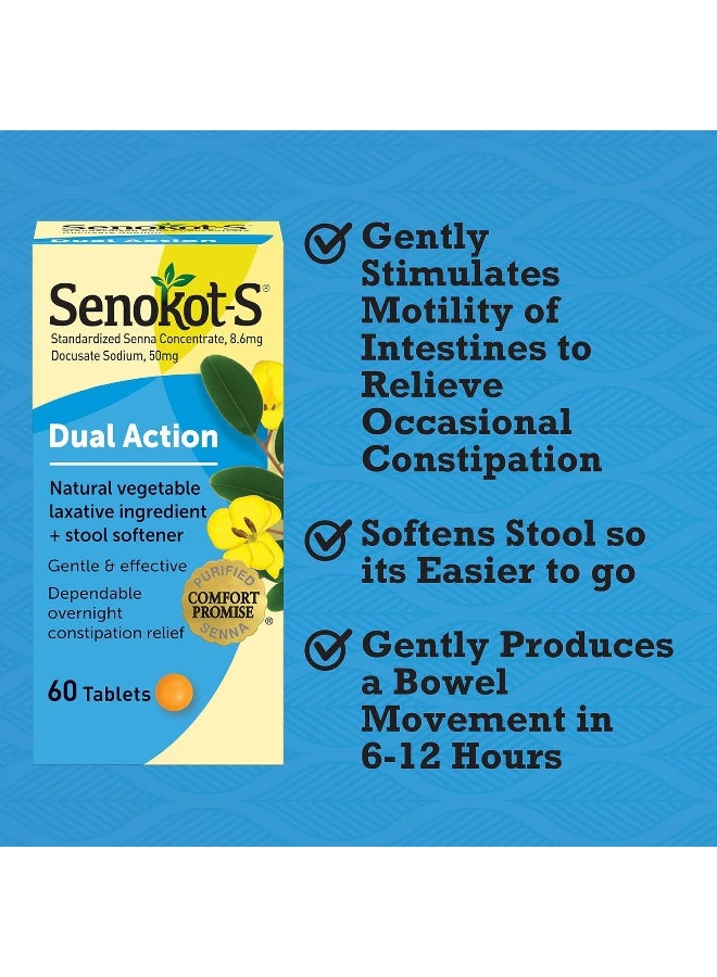 Dual Action Natural Vegetable Laxative Ingredient Plus Stool Softener Tablets Docusate Sodium Senna Concentrate Gentle Overnight Relief From Occasional Constipation 60 Ct