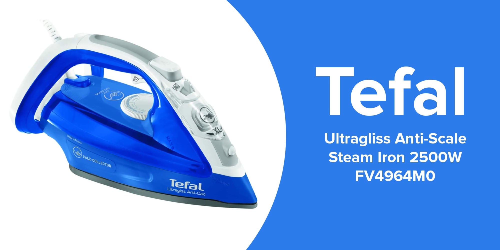 Ultragliss anti-calc Steam Iron - Calc Collector- Durilium AirGlide Technology Soleplate -180 g Steam Boost 270 ml 2500 W FV4964M0 Blue/White