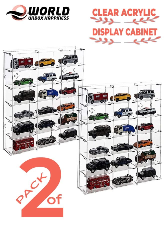 Pack of 2 Acrylic Wall Mounted Display Cabinets with 6 Tiers and 18 Compartments, Clear Showcase Organizer for Mini Stuffed Toys, Cars, Hot Wheels, LOL Dolls, Coins, Stamps and Miniature Figurines