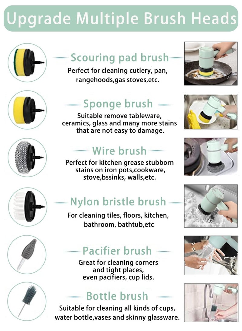 Rechargeable Electric Spin Scrubber, Portable Handheld Cleaning Brush with 6 Replaceable Brush Heads, Cordless Cleaning Brush for Bathroom, Kitchen, Dish, Milk bottle, Tile, Glass