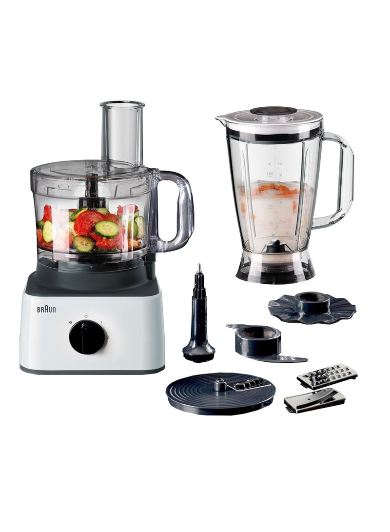 Food Processor 8 in 1, 2 Speeds, Pulse Function, 2.1L Capacity, 1.8L Blender, Slicing and Grating disc, Dough, Ice Crusher Blade, 2.1 L 750 W FP 0132 White