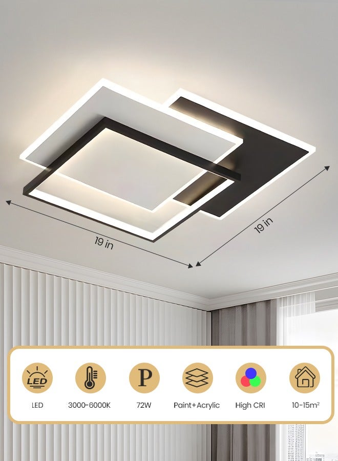 Modern Dimmable LED Ceiling Light Fixtures, Square Flush Mount Black and White Ceiling Light for Living Room, Three Color 72W LED Ceiling Light ,Remote Control