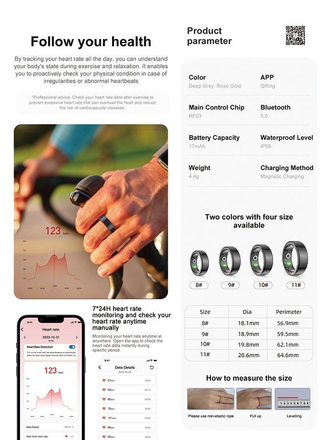 R02 QRing Smart Ring - 24/7 Sleep Monitoring, Heart Rate,  Oxygen Saturation, IP68 Waterproof,Comes with dedicated charging box