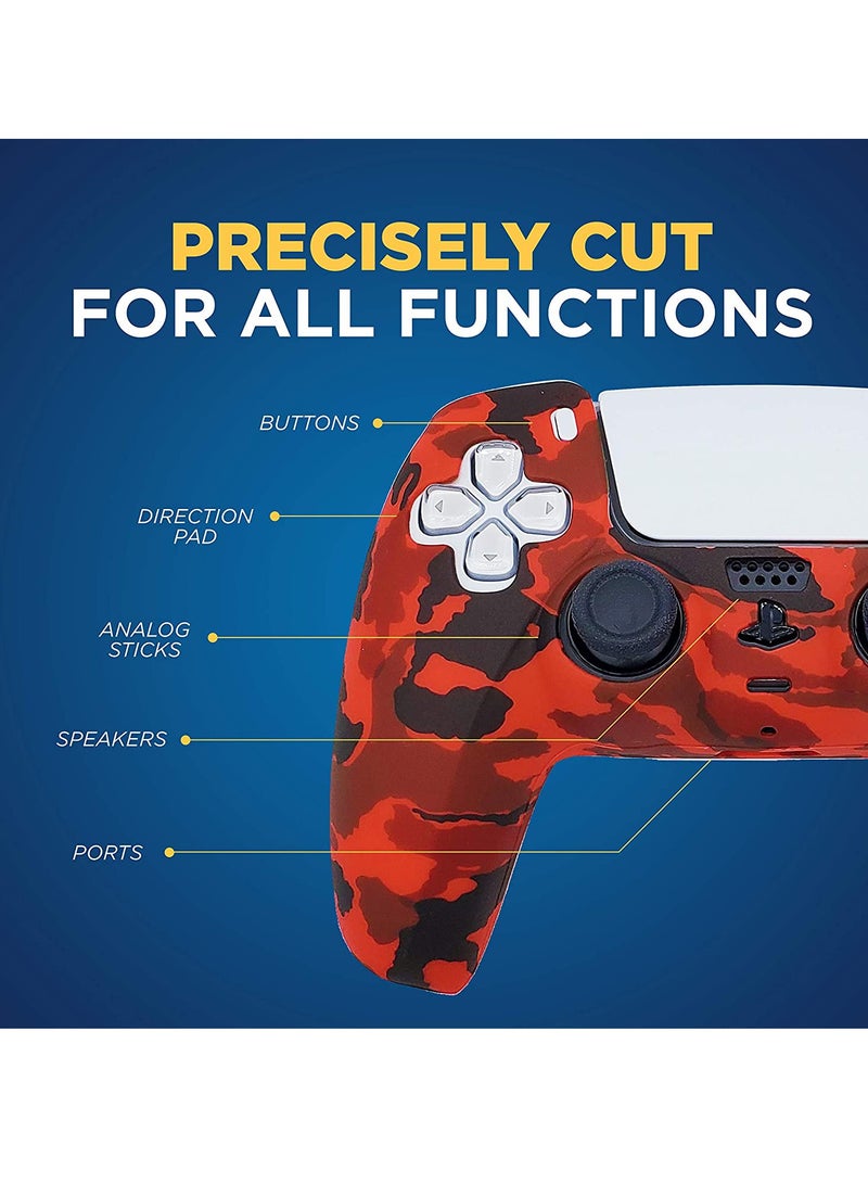 PS5 Controller Silicone Cover | Studded Printing Silicone Cover Skin Case for PS5 Dualsense Controller x 2Camouflage Red+Blue with Pro Thumb Grips x 10