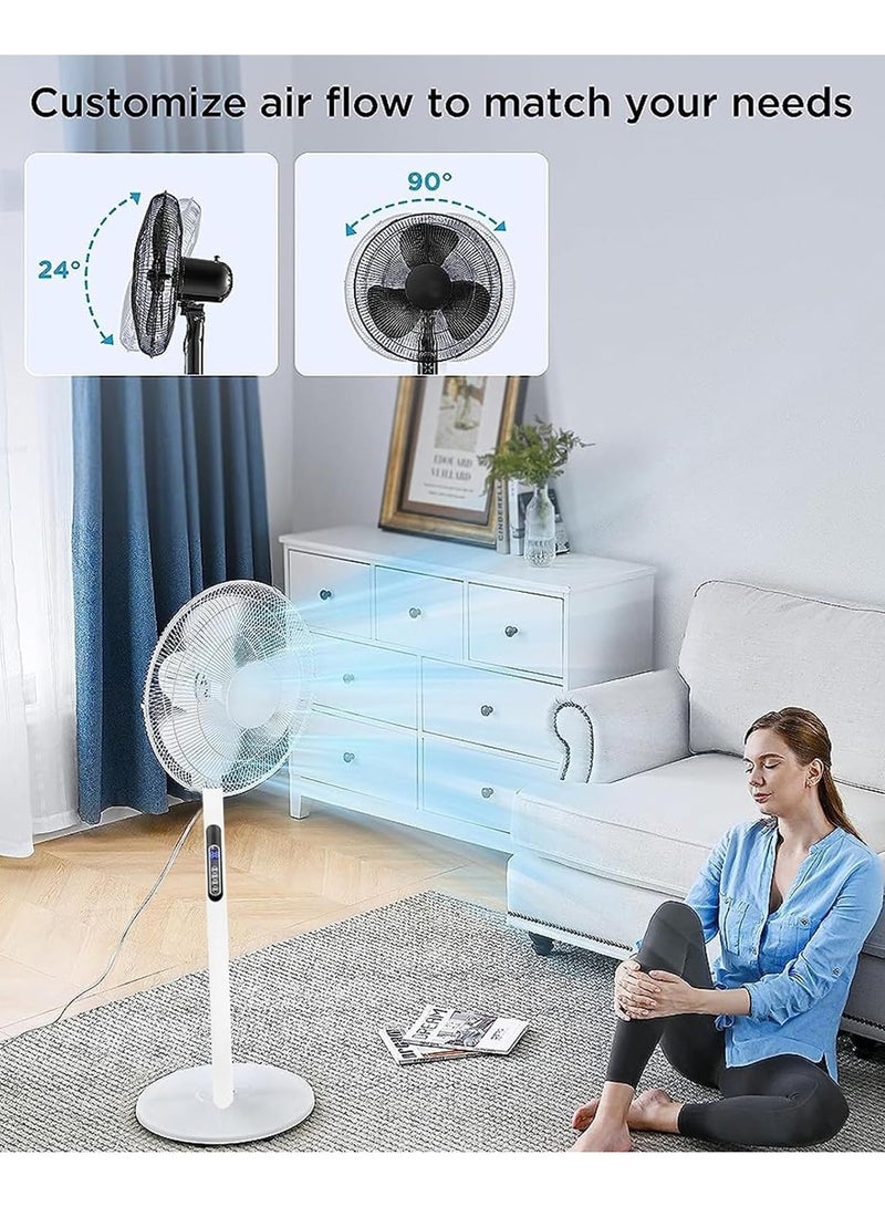 16 Inch Pedestal Fan with Remote Control,5-Blade Oscillating Standing Fan - Adjustable Height,Ultra Quiet,8 Speed,3 Winds Mode,9 Hour Timer,LED Display,90° Pivoting Head Air Circulator Fan (White)